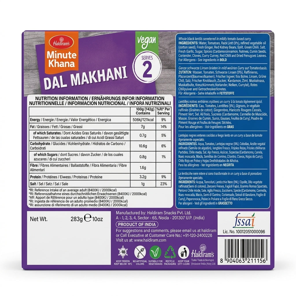Haldirams Frozen Dal Makhani by Haldirams Frozen — back view showing ingredients and product details, studio product photo on white background