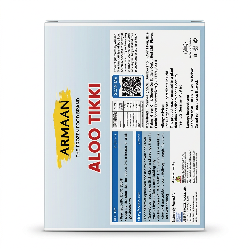 Armaan Frozen Aloo Tikki by Armaan Frozen — back view showing ingredients and product details, studio product photo on white background