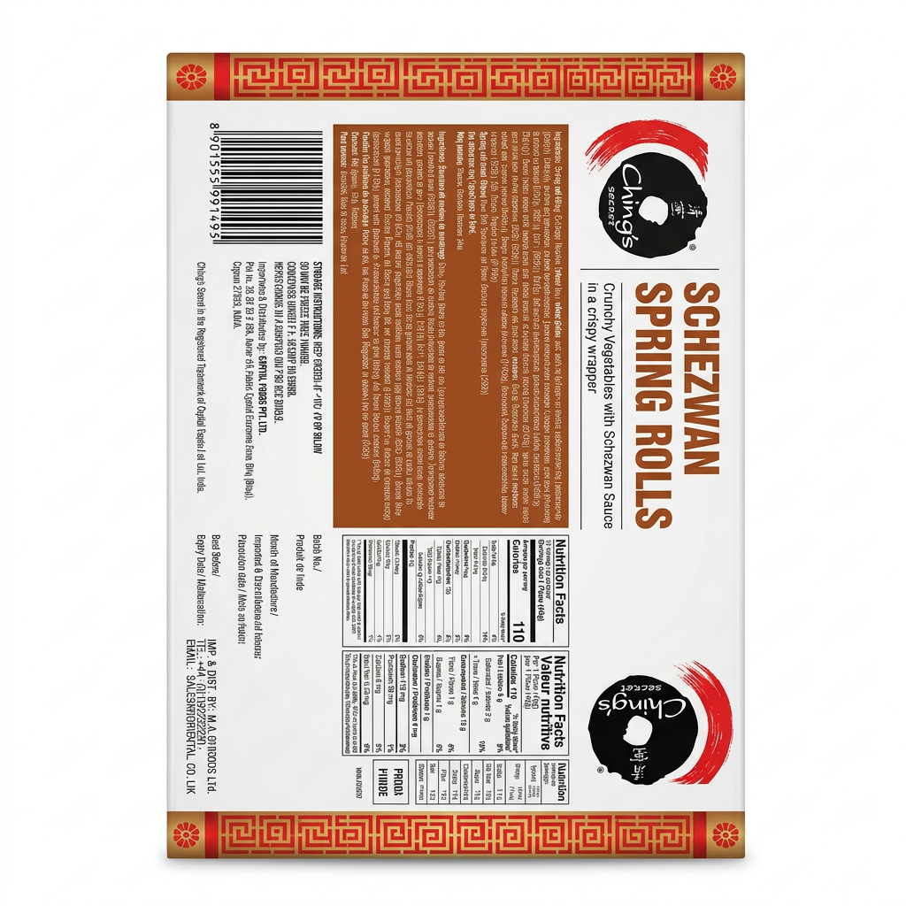 Chings Frozen Schezwan Spring Rolls by Chings Frozen — back view showing ingredients and product details, studio product photo on white background