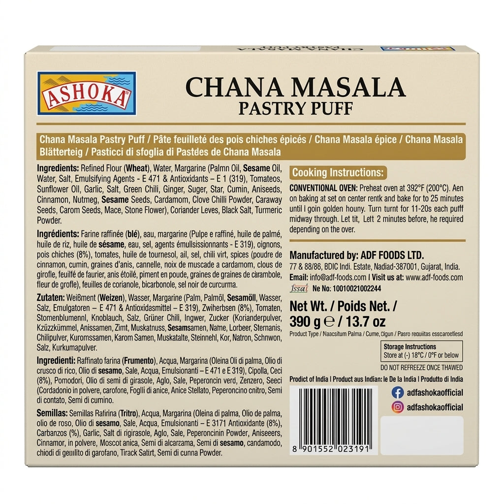 Ashoka Frozen Chana Masala Pastry Puff by Ashoka Frozen — back view showing ingredients and product details, studio product photo on white background