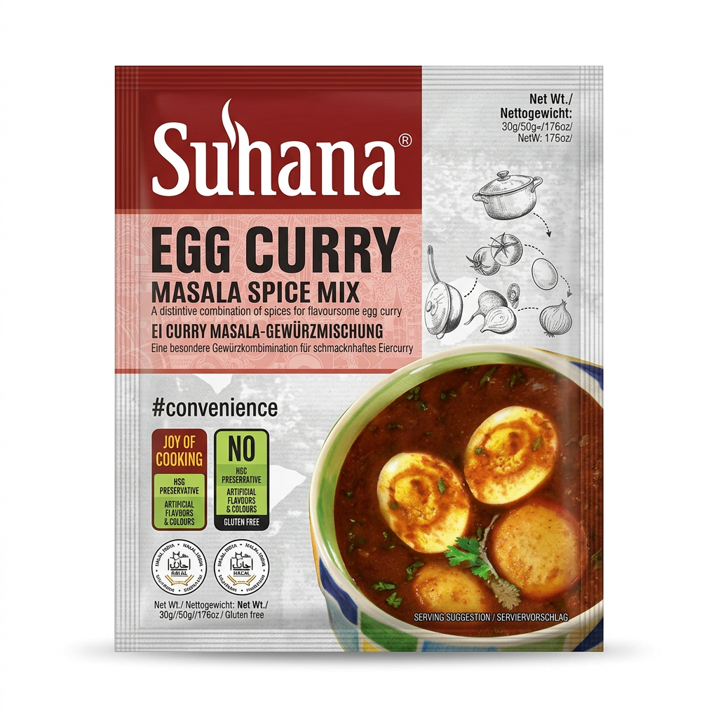 Suhana Egg Curry Spice Mix by Suhana Ground Spices — front view showing product label and branding, studio product photo on white background