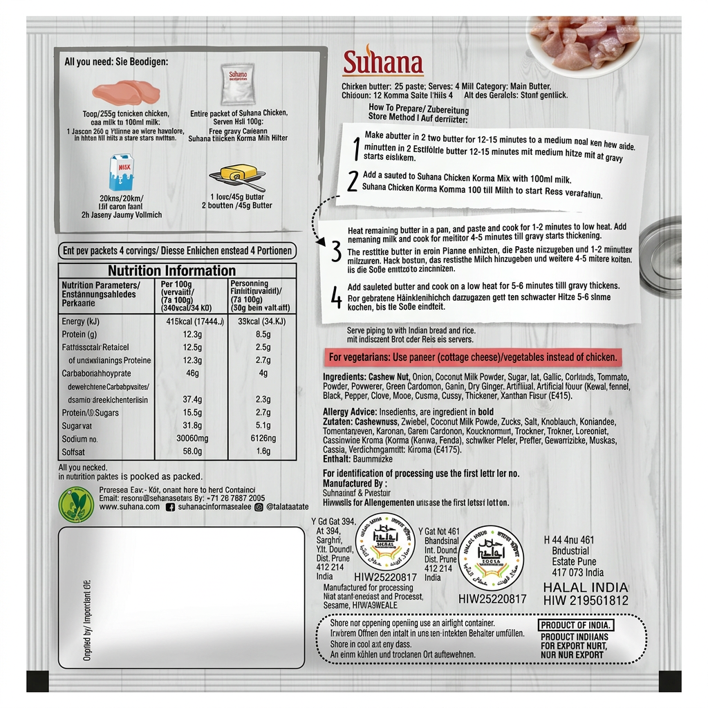 Suhana Chicken Korma Spice Mix by Suhana Ground Spices — back view showing ingredients and product details, studio product photo on white background