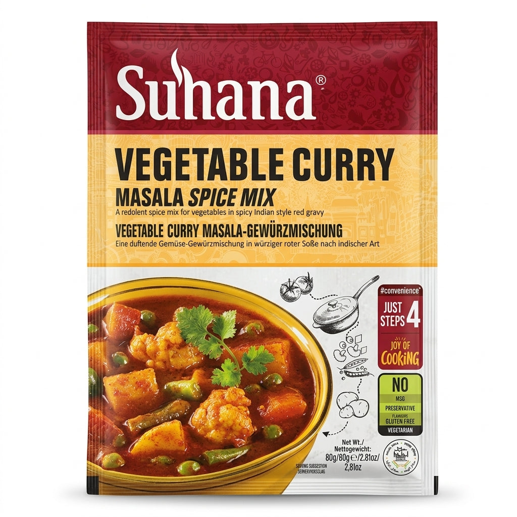 Suhana Vegetable Curry Masala Mix by Suhana Ground Spices — front view showing product label and branding, studio product photo on white background
