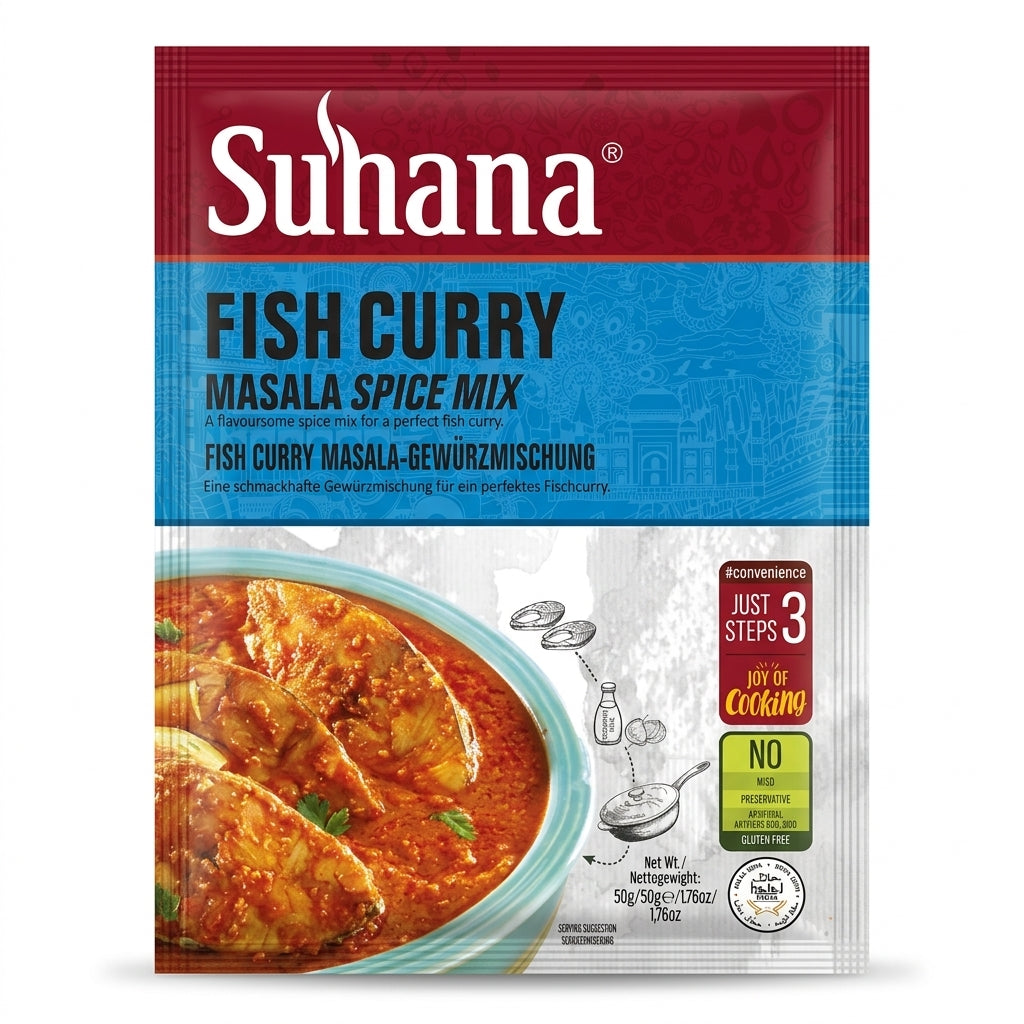Suhana Fish Curry Masala Spice Mix by Suhana Food & Drink > Pantry > Herbs & Spices > Spice Blends — front view showing product label and branding, studio product photo on white background
