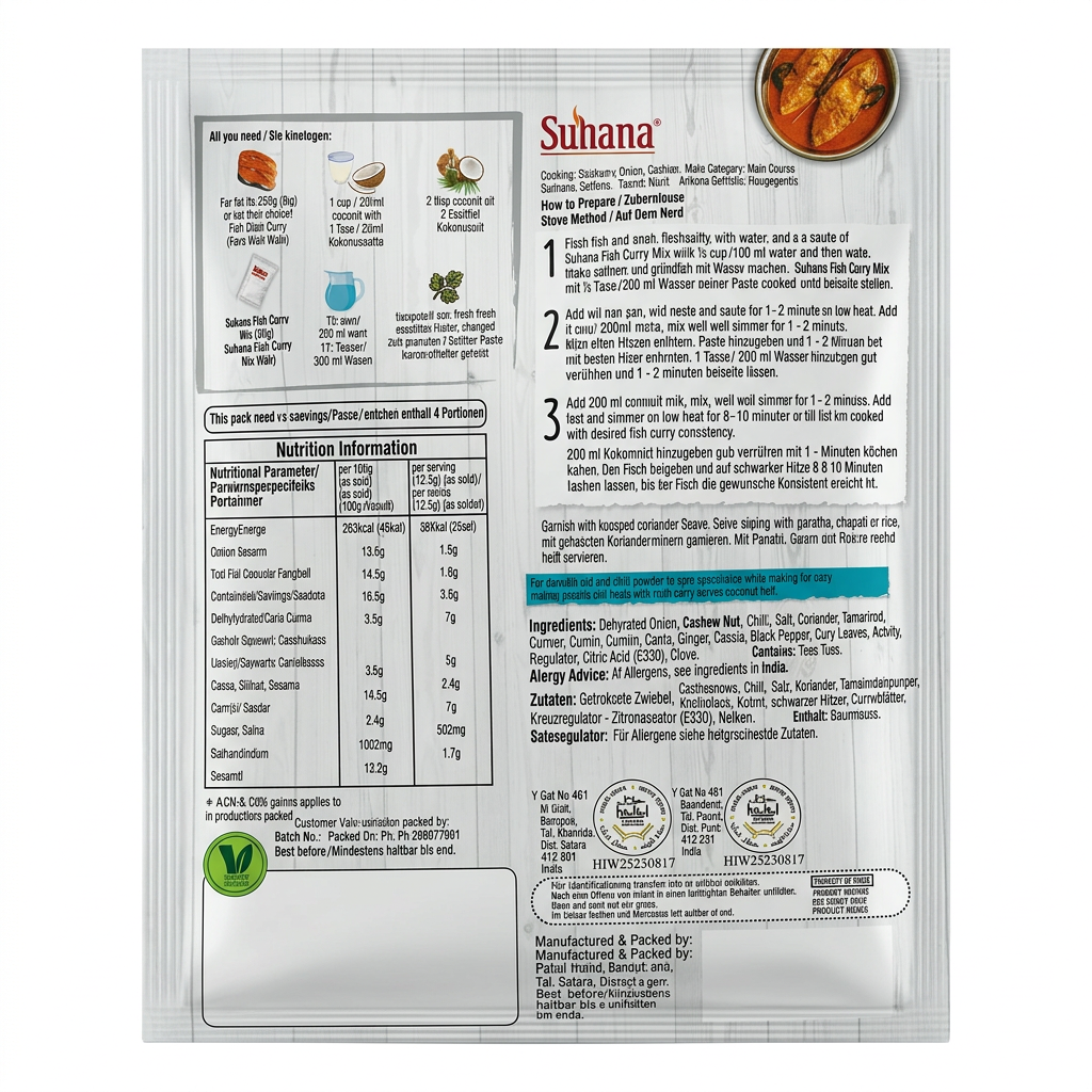 Suhana Fish Curry Masala Spice Mix by Suhana Food & Drink > Pantry > Herbs & Spices > Spice Blends — back view showing ingredients and product details, studio product photo on white background