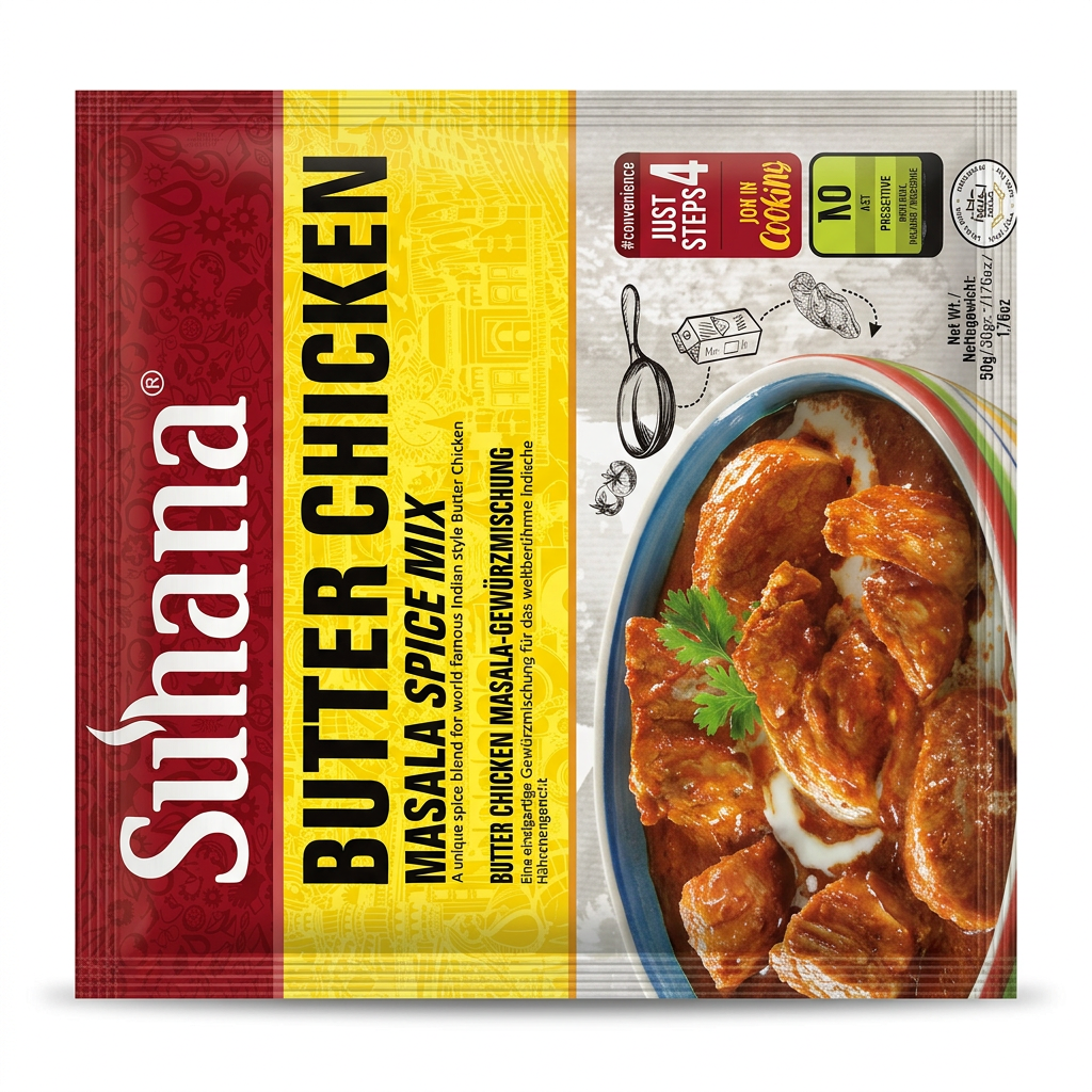 Suhana Butter Chicken Masala Mix by Suhana Ground Spices — front view showing product label and branding, studio product photo on white background