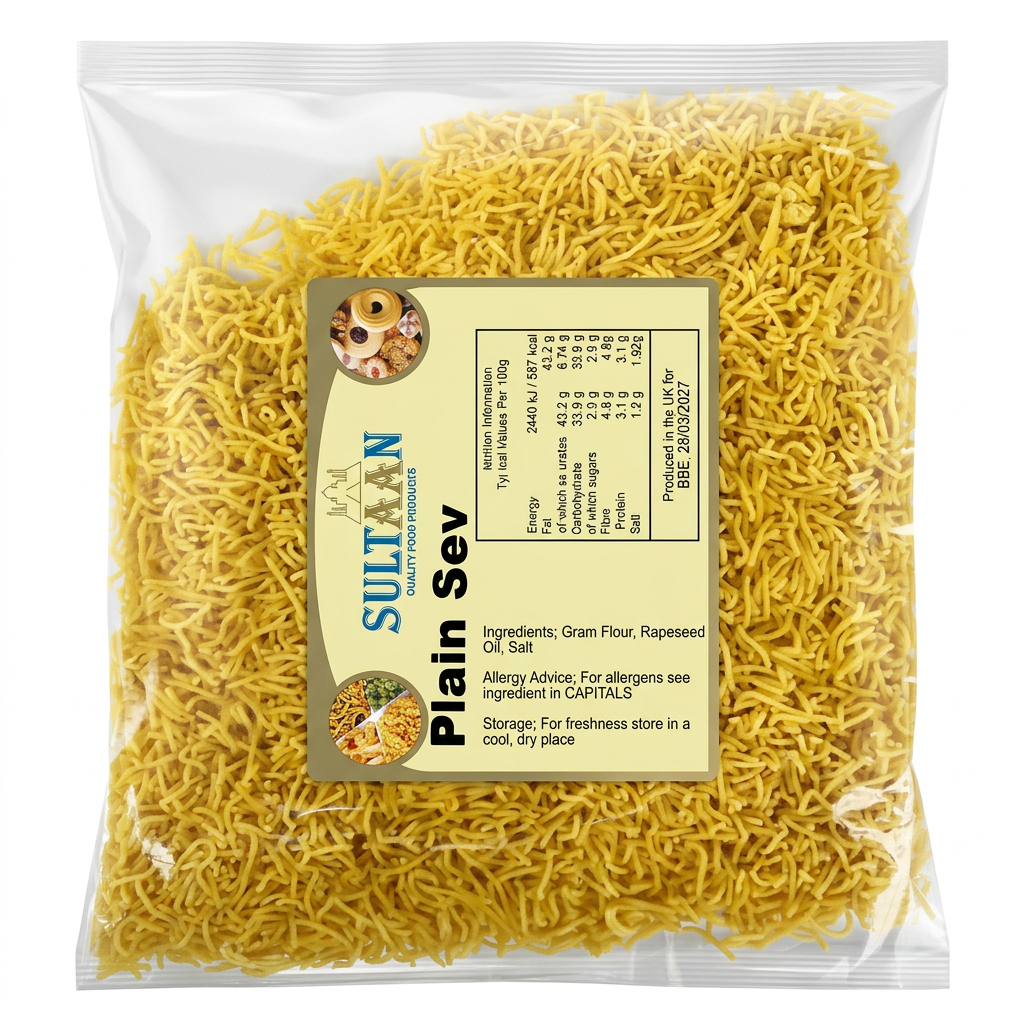 Sultaan Plain Sev by Sultaan Indian Snacks — back view showing ingredients and product details, studio product photo on white background
