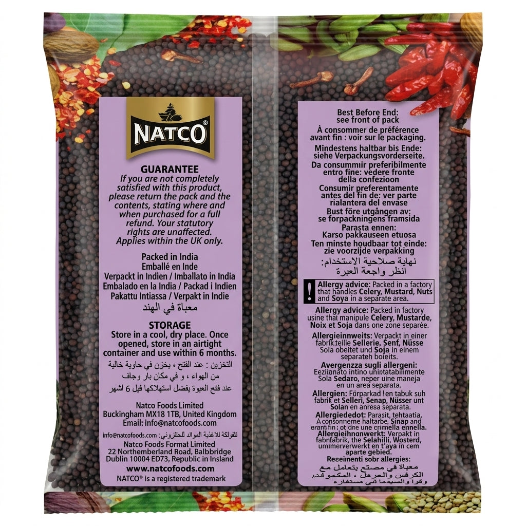 Natco Black Mustard Seeds by Natco Whole Spices — back view showing ingredients and product details, studio product photo on white background