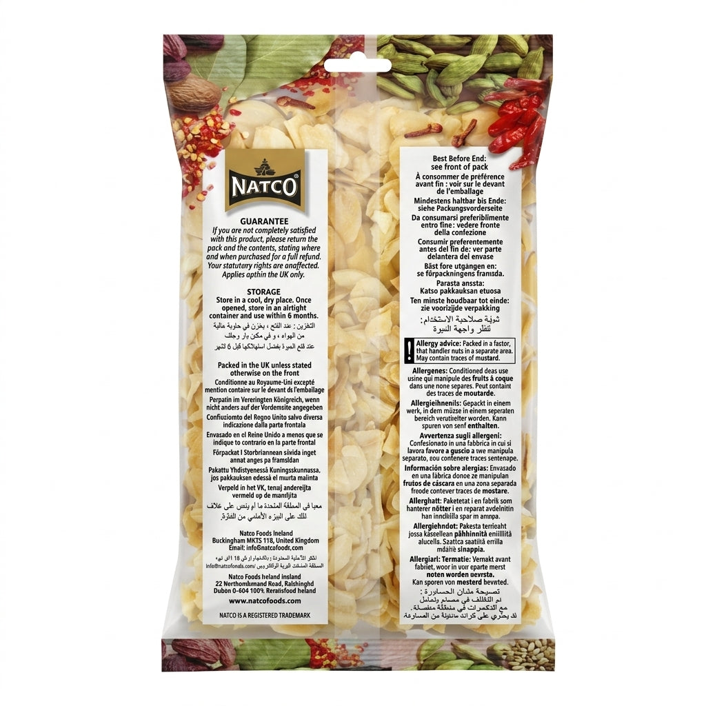 Natco Garlic Flakes by Natco Whole Spices — back view showing ingredients and product details, studio product photo on white background