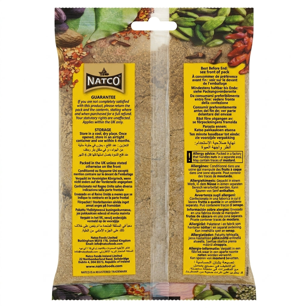 Natco Dhanya Jeera Mix by Natco Ground Spices — back view showing ingredients and product details, studio product photo on white background