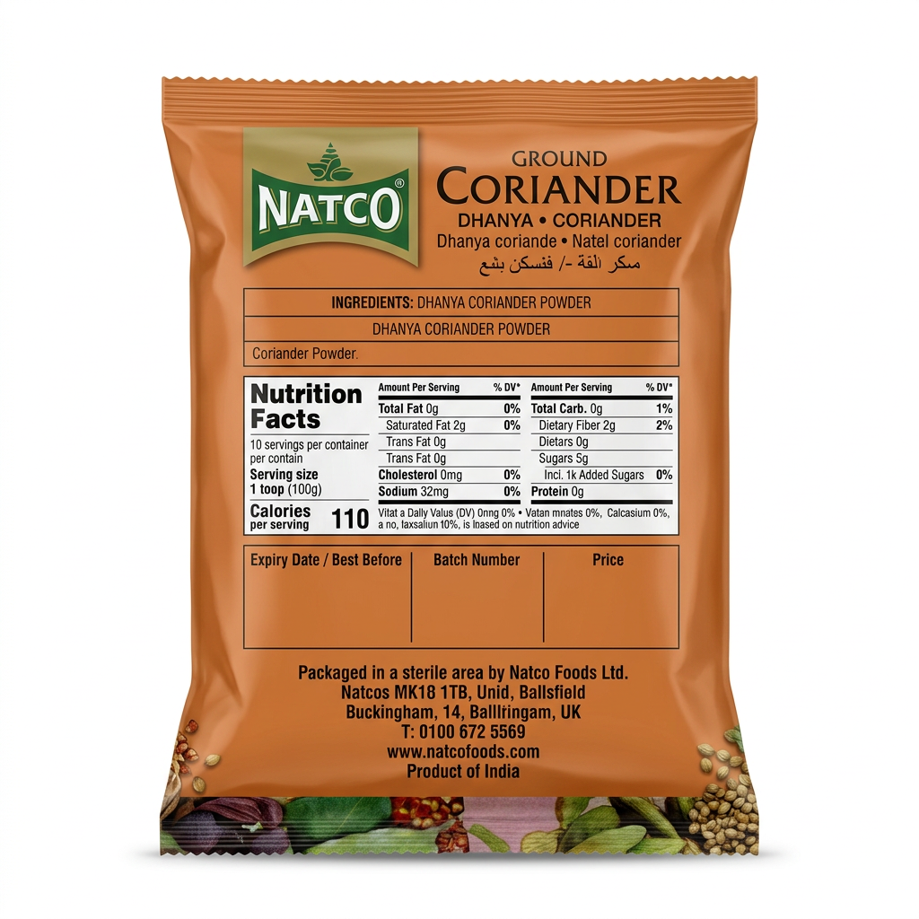 Natco Dhanya ( coriander) Powder by Natco Ground Spices — back view showing ingredients and product details, studio product photo on white background
