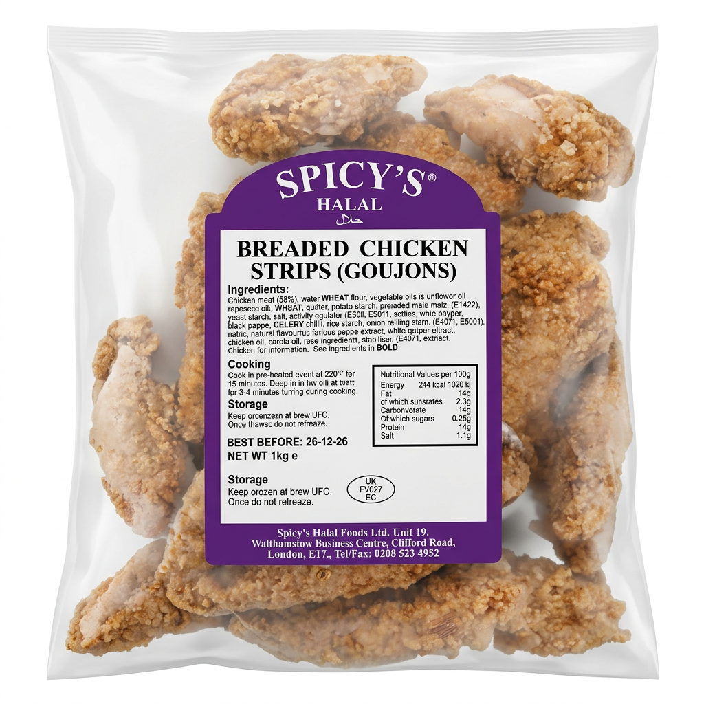 Spicy S Frozen Halal Breaded Chicken Strips by Spicy S Frozen — back view showing ingredients and product details, studio product photo on white background