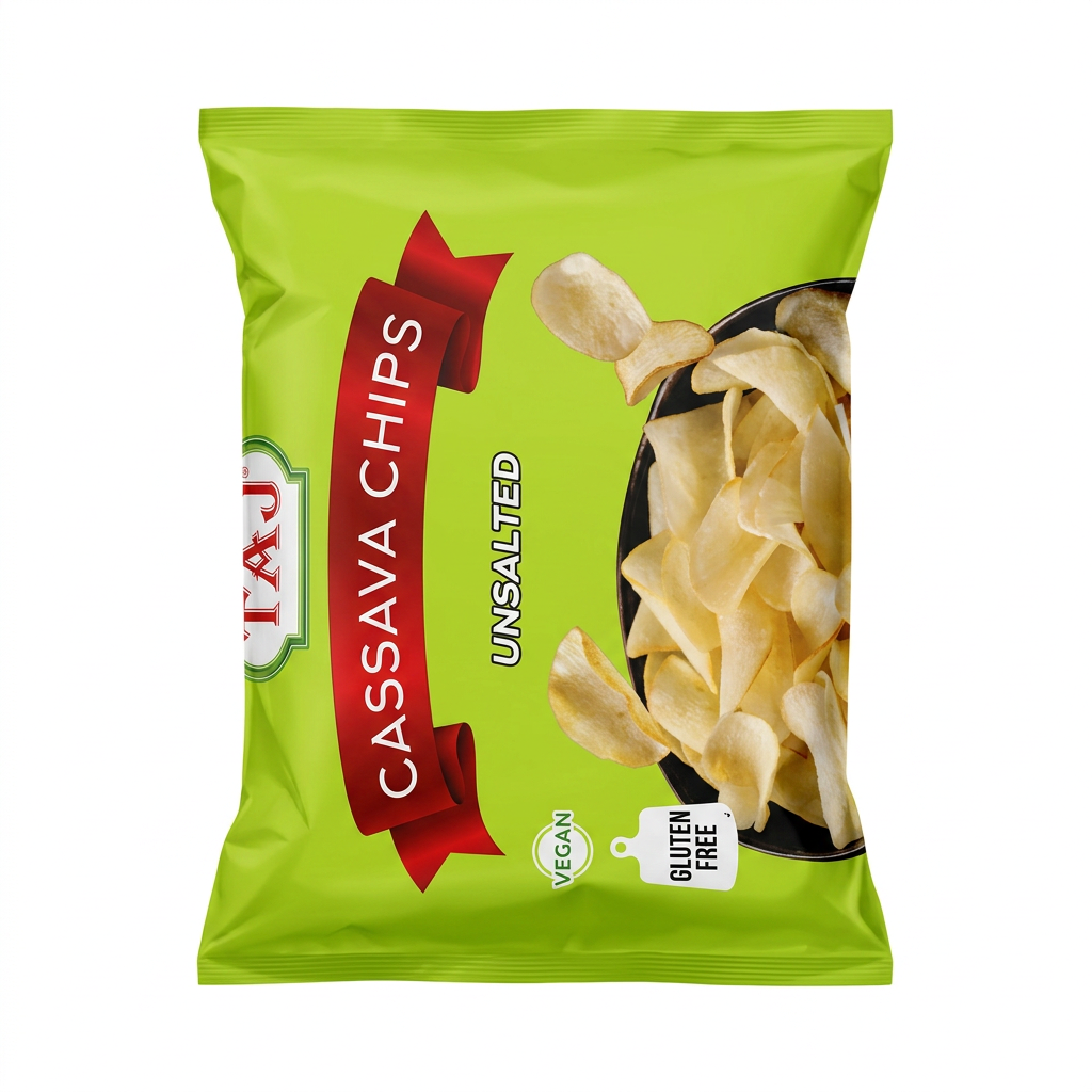 Taj Unsalted Cassava Chips by Taj Indian Snacks — front view showing product label and branding, studio product photo on white background
