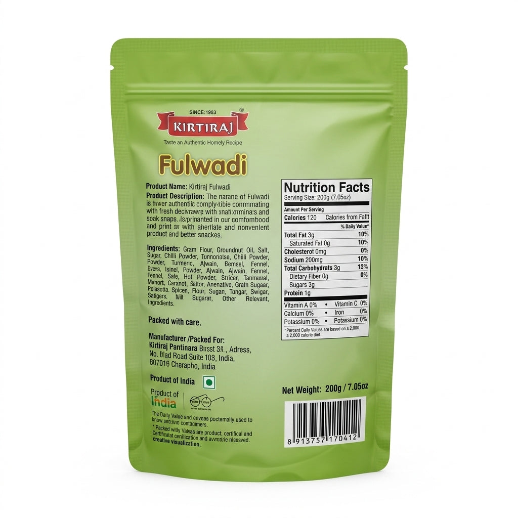 Kirtiraj Fulwadi by Kirtiraj Indian Snacks — back view showing ingredients and product details, studio product photo on white background