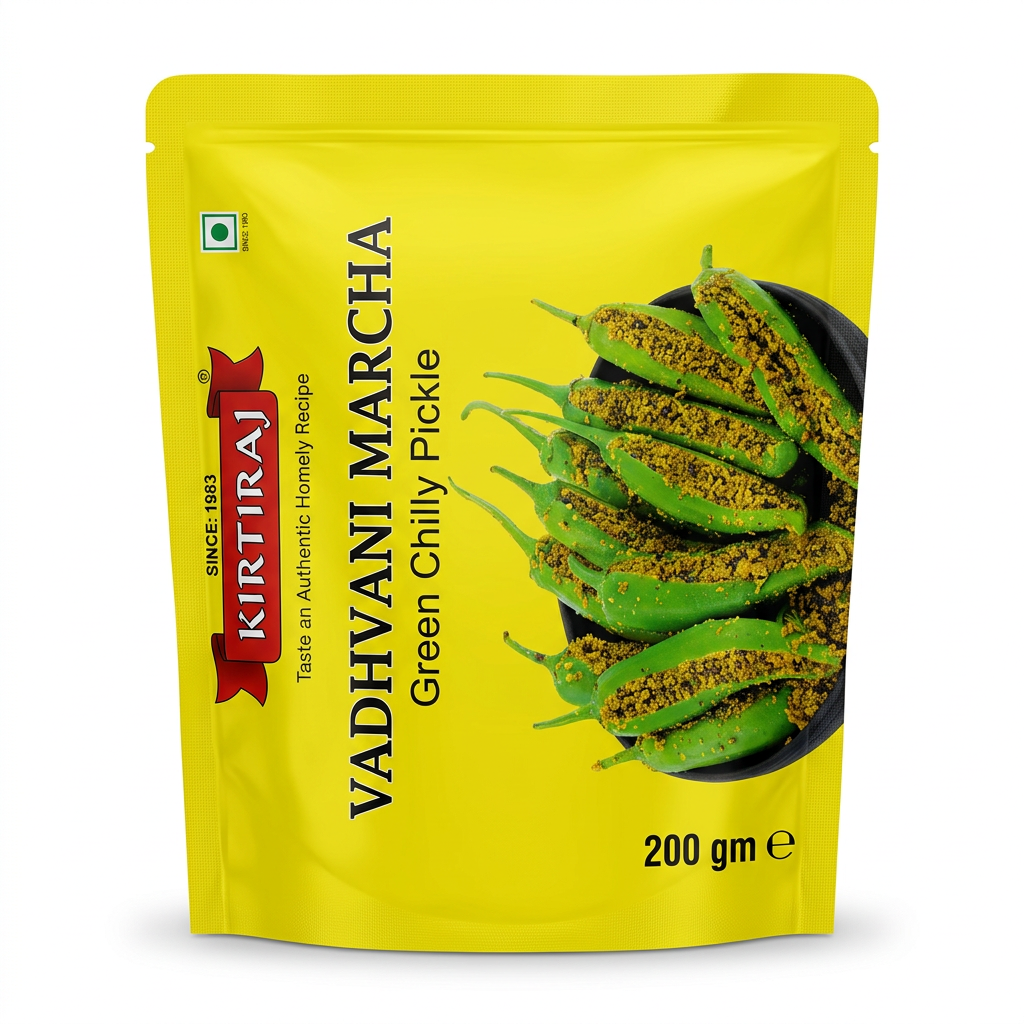 Kirtiraj Vadhvani Marcha Green Chilli Pickle by Kirtiraj Pickles — front view showing product label and branding, studio product photo on white background