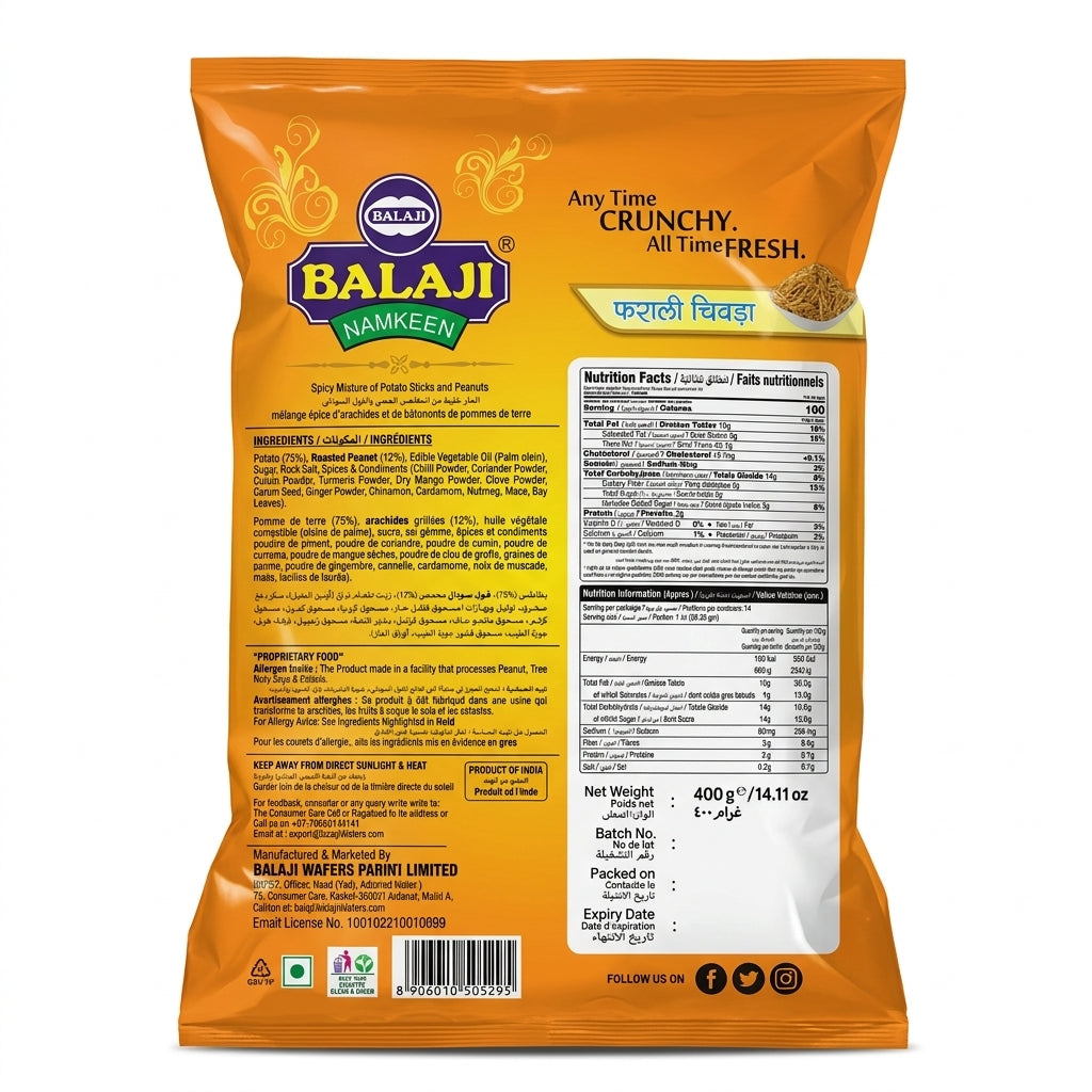 Balaji Farari Chevda by Balaji Indian Snacks — back view showing ingredients and product details, studio product photo on white background