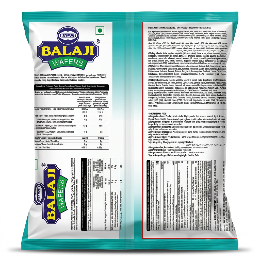 Balaji Bhel Mix by Balaji Indian Snacks — back view showing ingredients and product details, studio product photo on white background