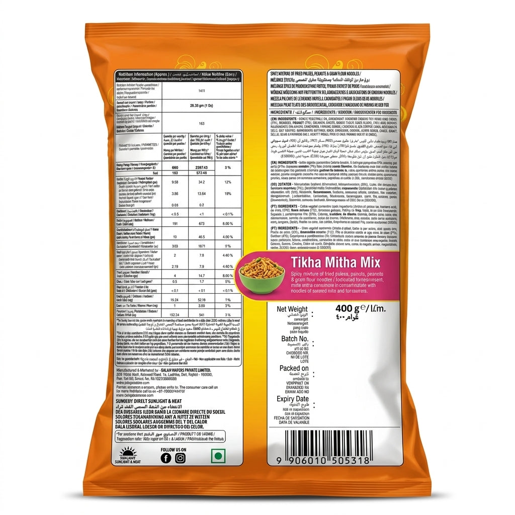 Balaji Tikha Meetha Mix by Balaji Indian Snacks — back view showing ingredients and product details, studio product photo on white background