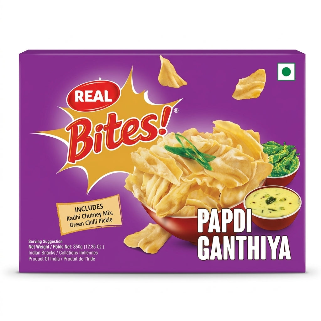 Real Papdi Gathiya by Real Indian Snacks — front view showing product label and branding, studio product photo on white background