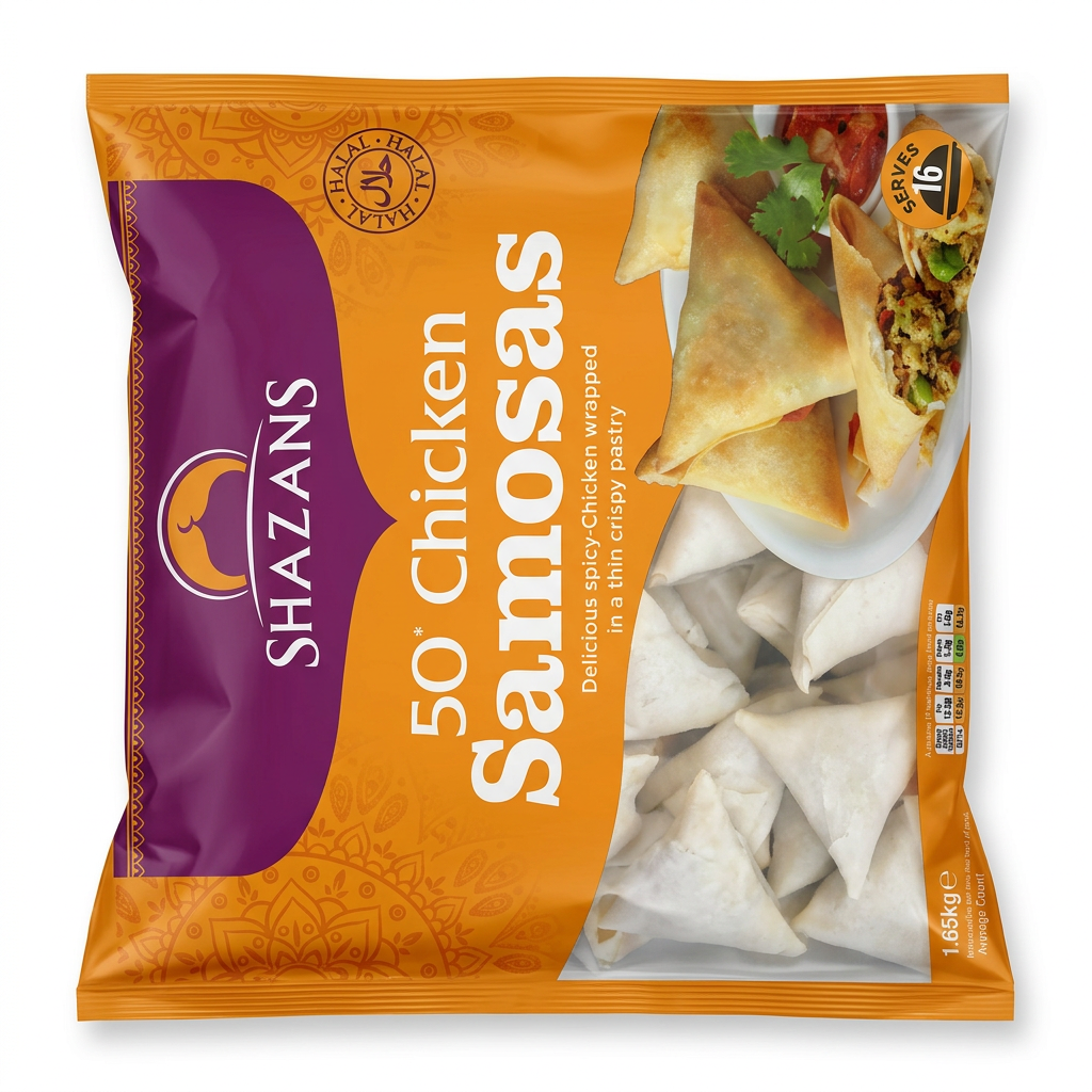 Shazans Frozen Chicken Samosas by Shazans Frozen — front view showing product label and branding, studio product photo on white background