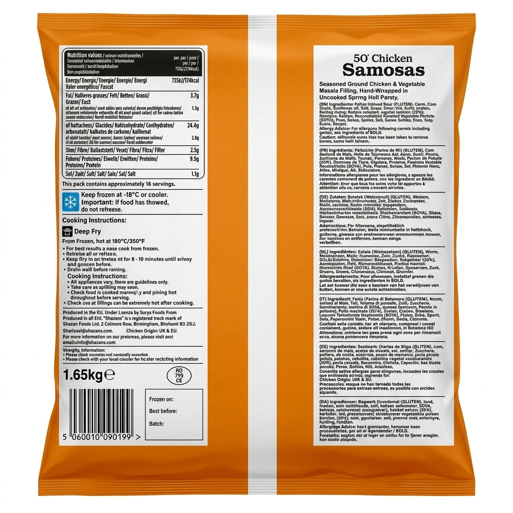 Shazans Frozen Chicken Samosas by Shazans Frozen — back view showing ingredients and product details, studio product photo on white background
