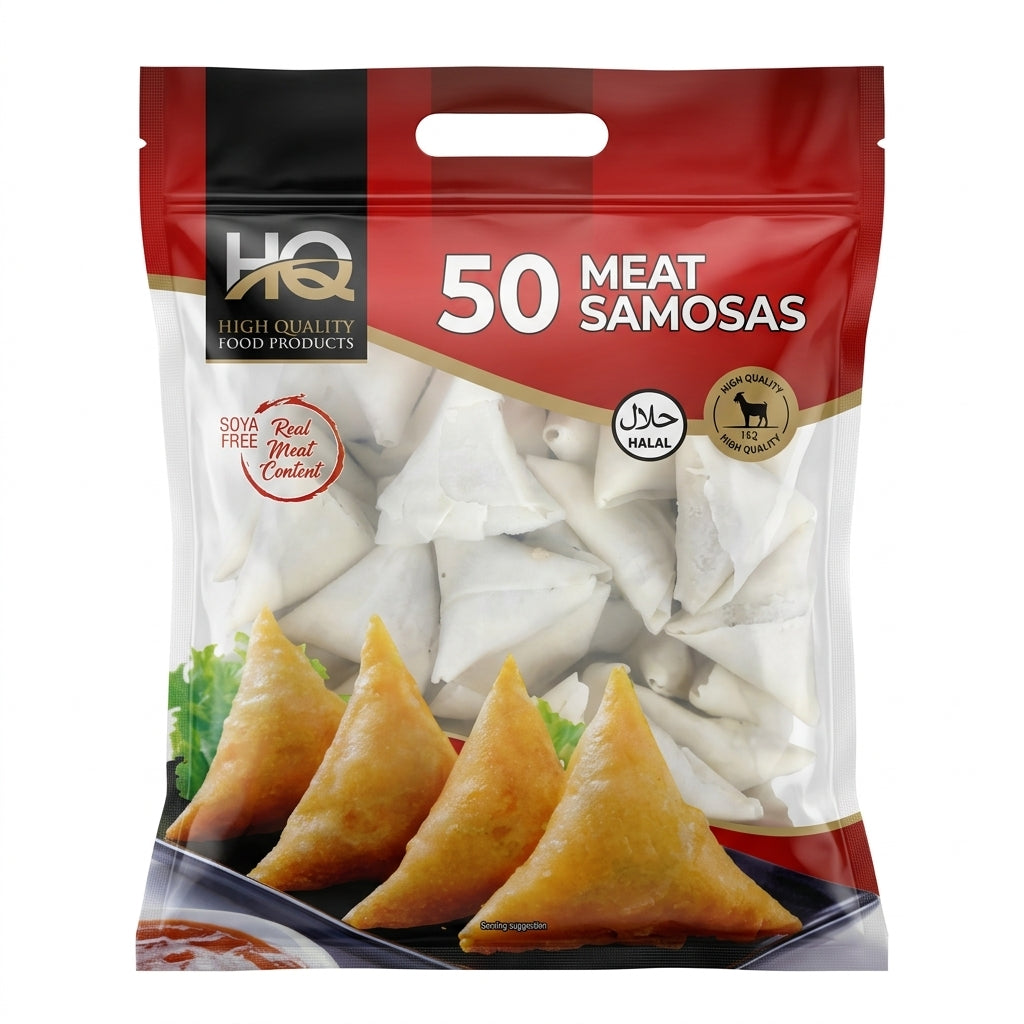 HQ Frozen Meat Samosas by HQ Frozen — front view showing product label and branding, studio product photo on white background