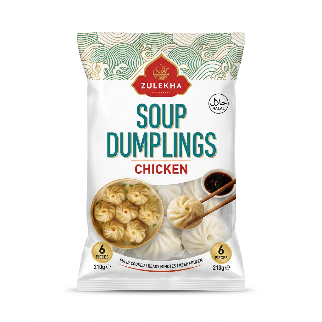 Zulekha Frozen Chicken Soup Dumplings by Zulekha Frozen — front view showing product label and branding, studio product photo on white background