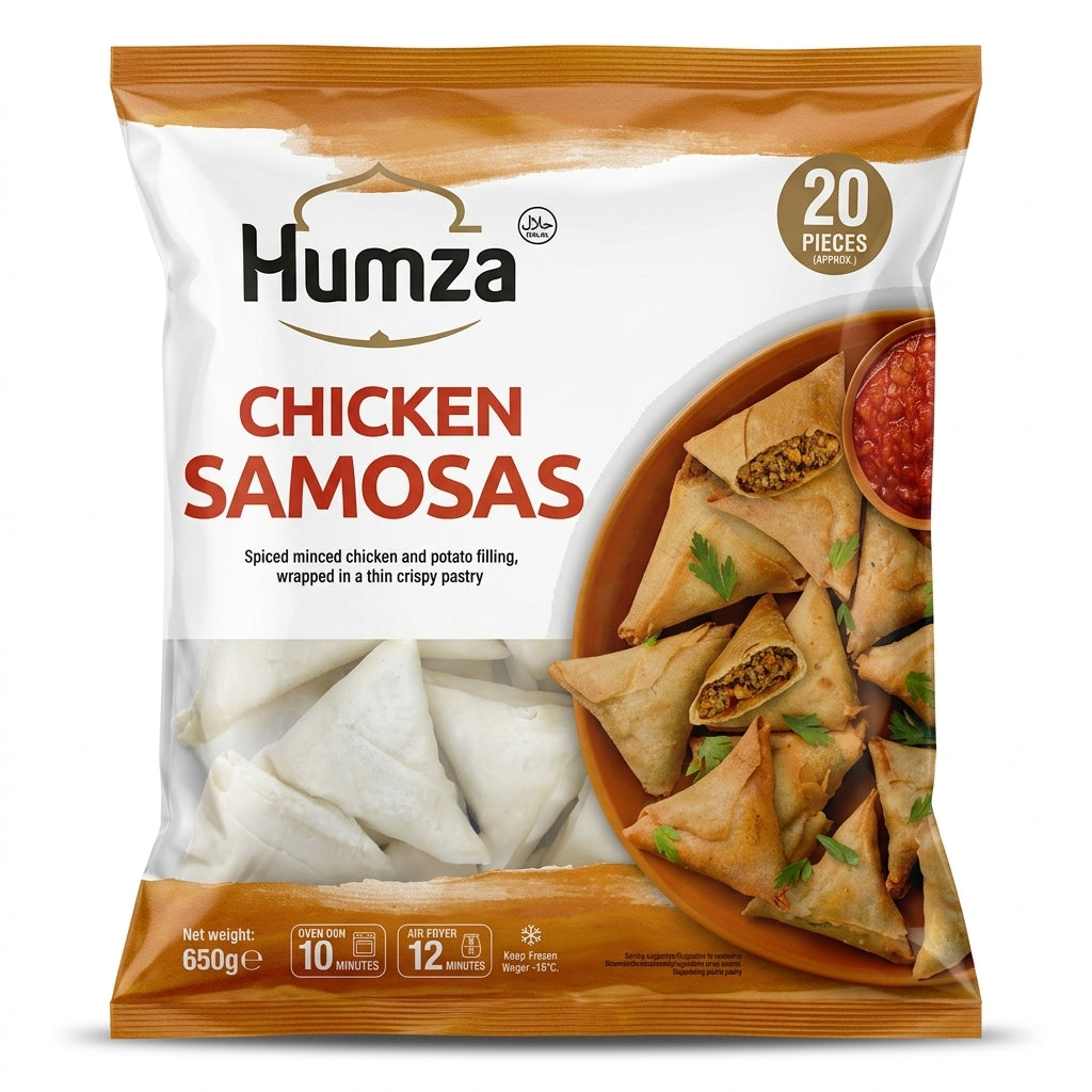 Humza Frozen Chicken Samosas by Humza Frozen — front view showing product label and branding, studio product photo on white background