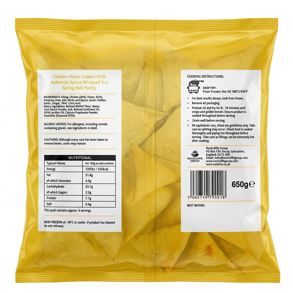 Zulekha Frozen Chicken Samosas by Zulekha Frozen — back view showing ingredients and product details, studio product photo on white background