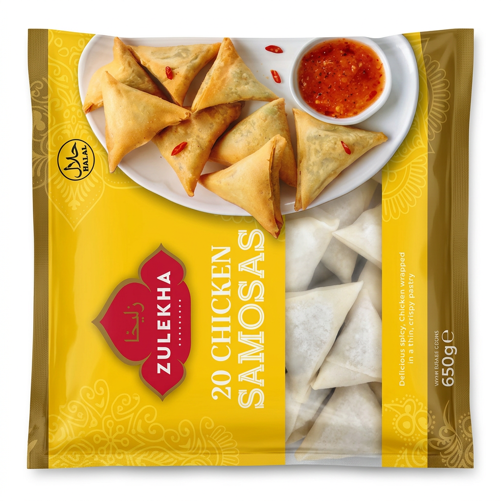Zulekha Frozen Chicken Samosas by Zulekha Frozen — front view showing product label and branding, studio product photo on white background