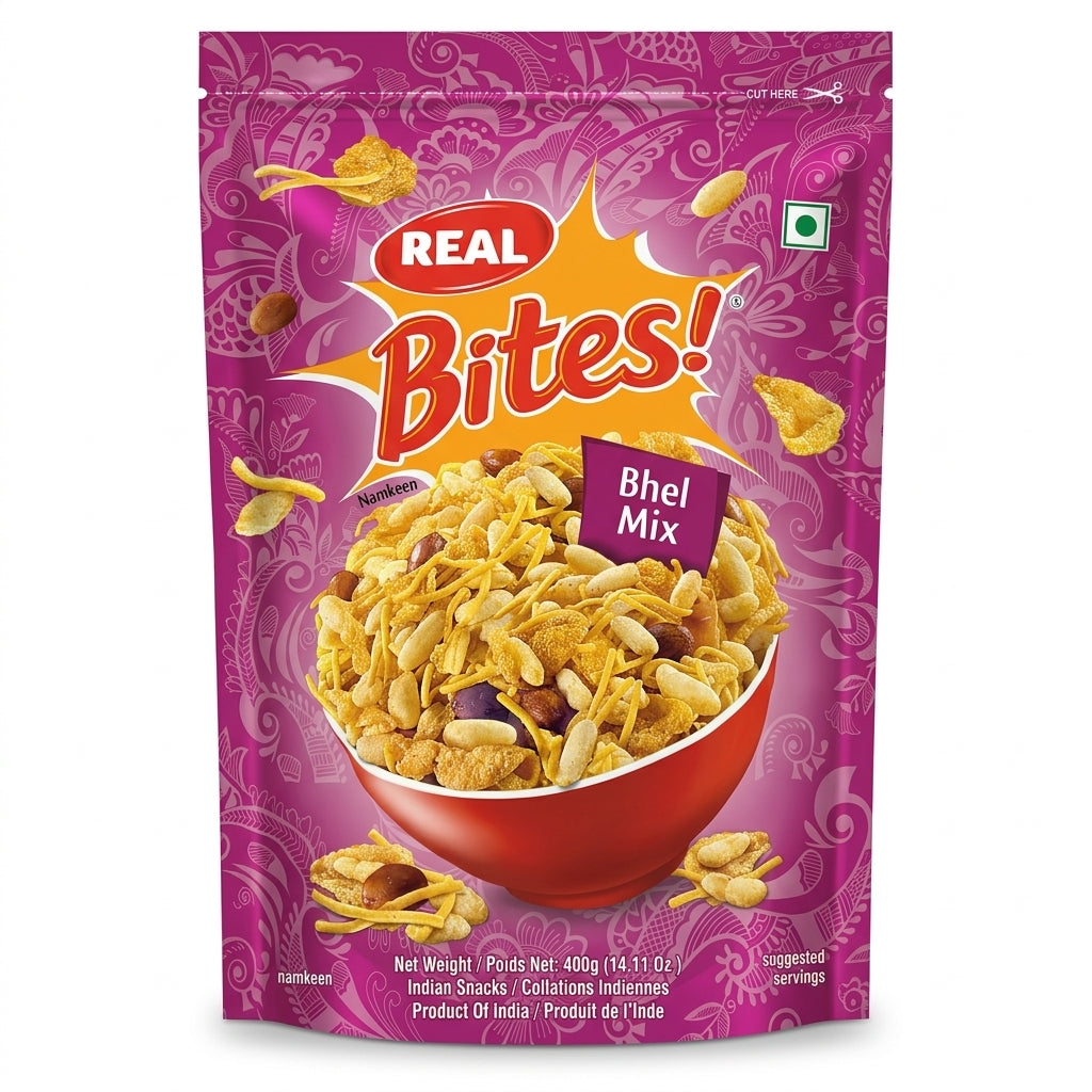 Real Bhel Mix by Real Indian Snacks — front view showing product label and branding, studio product photo on white background