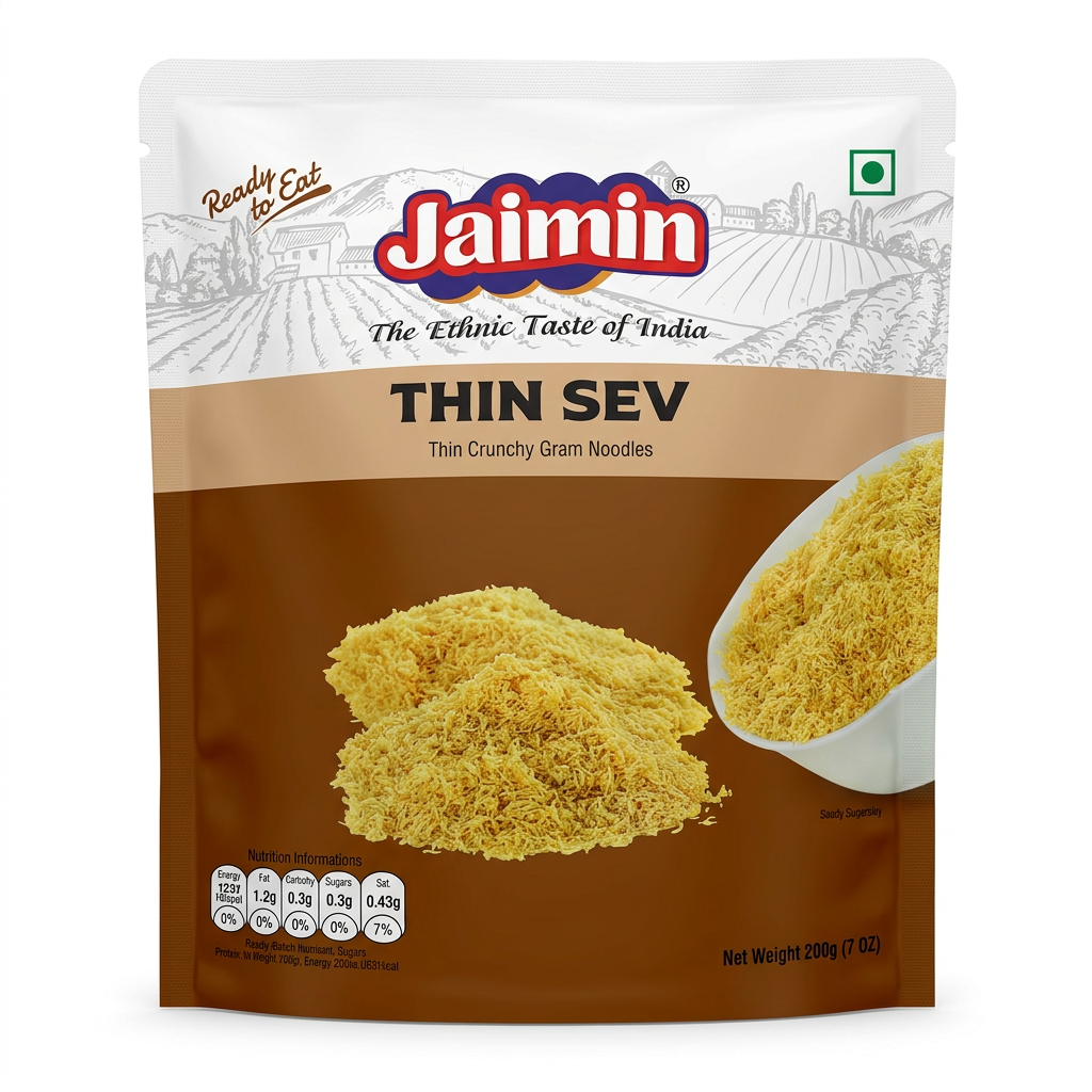 Jaimin Thin Sev by Jaimin Indian Snacks — front view showing product label and branding, studio product photo on white background