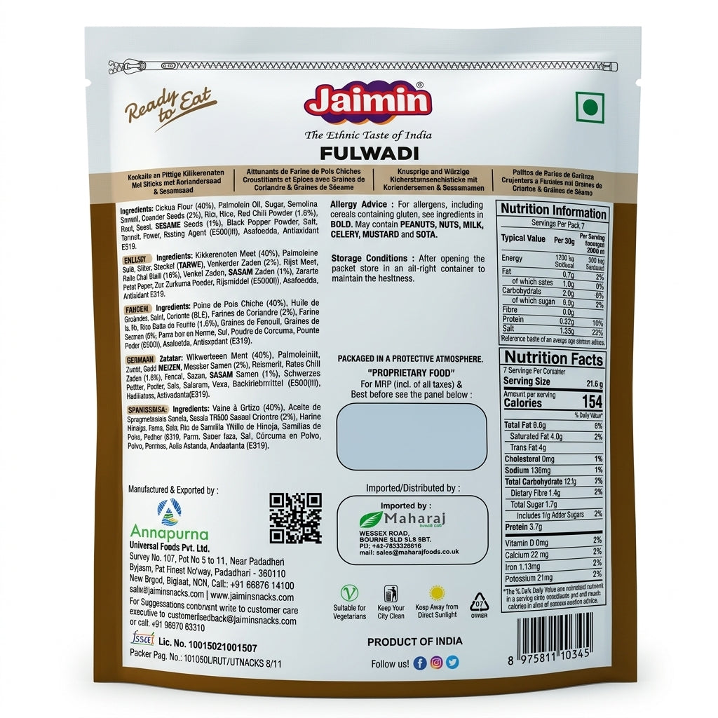 Jaimin Fulwadi by Jaimin Indian Snacks — back view showing ingredients and product details, studio product photo on white background