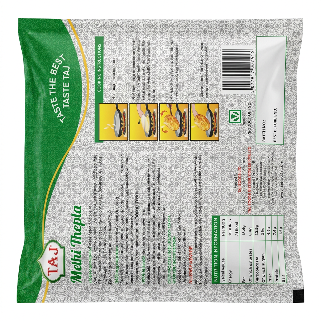 Taj Frozen Methi Thepla by Taj Frozen — back view showing ingredients and product details, studio product photo on white background