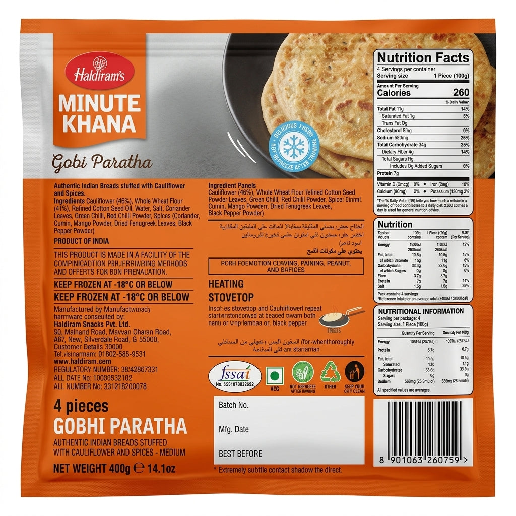 Haldirams Frozen Gobi Paratha by Haldirams Frozen — back view showing ingredients and product details, studio product photo on white background