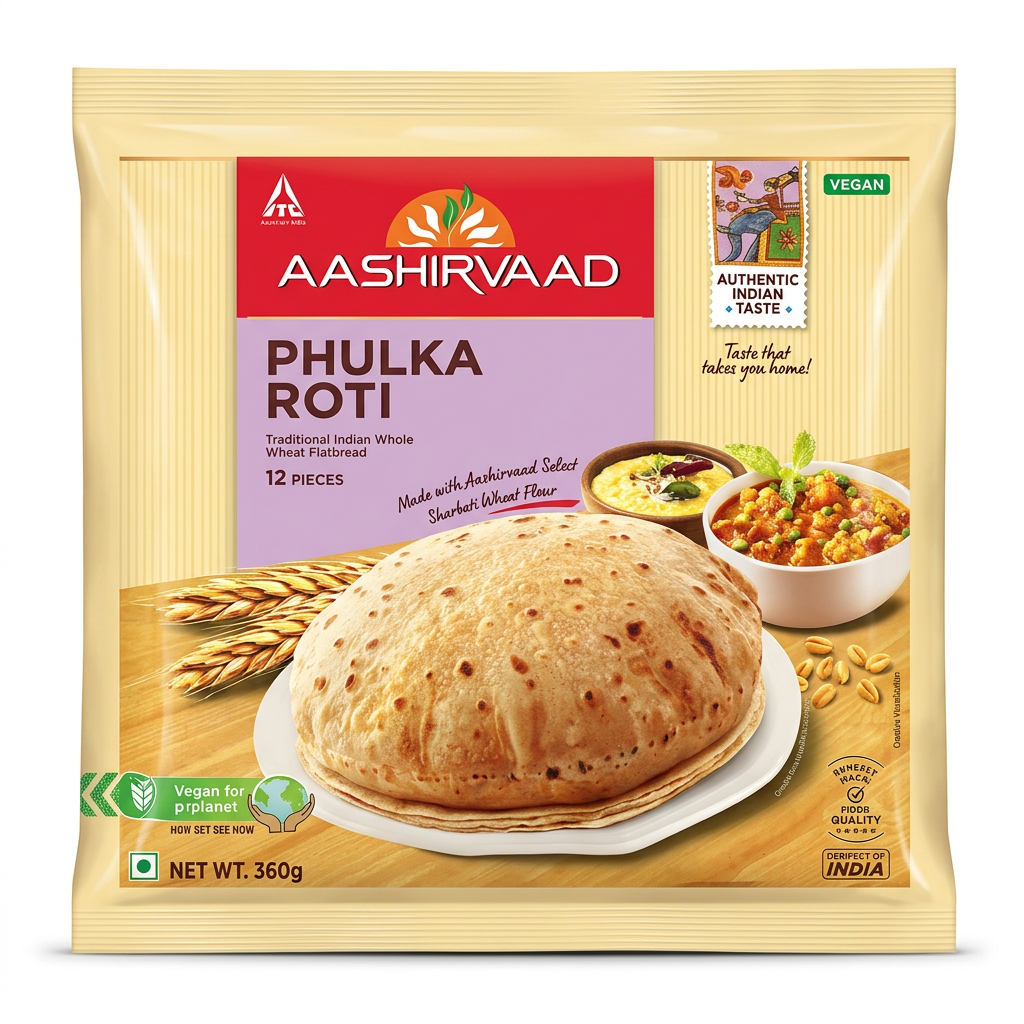 Aashirvaad Frozen Phulka Roti by Aashirvaad Frozen — front view showing product label and branding, studio product photo on white background
