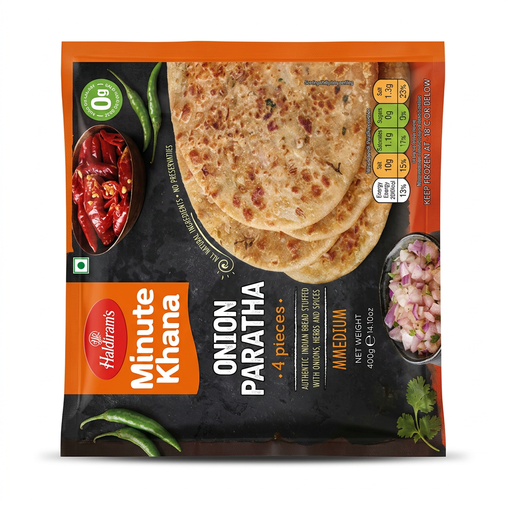 Haldirams Frozen Onion Paratha by Haldirams Frozen — front view showing product label and branding, studio product photo on white background