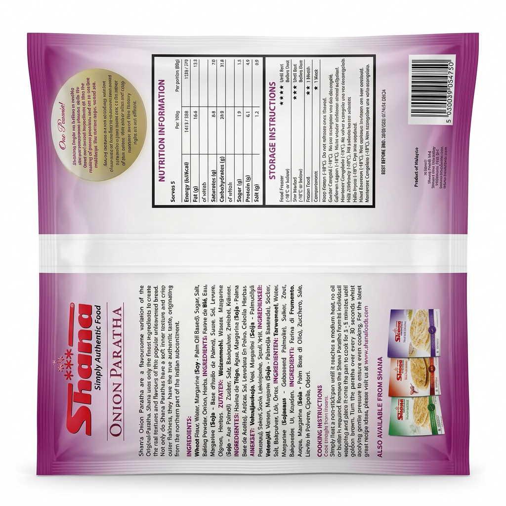 Shana Frozen Onion Paratha by Shana Frozen — back view showing ingredients and product details, studio product photo on white background