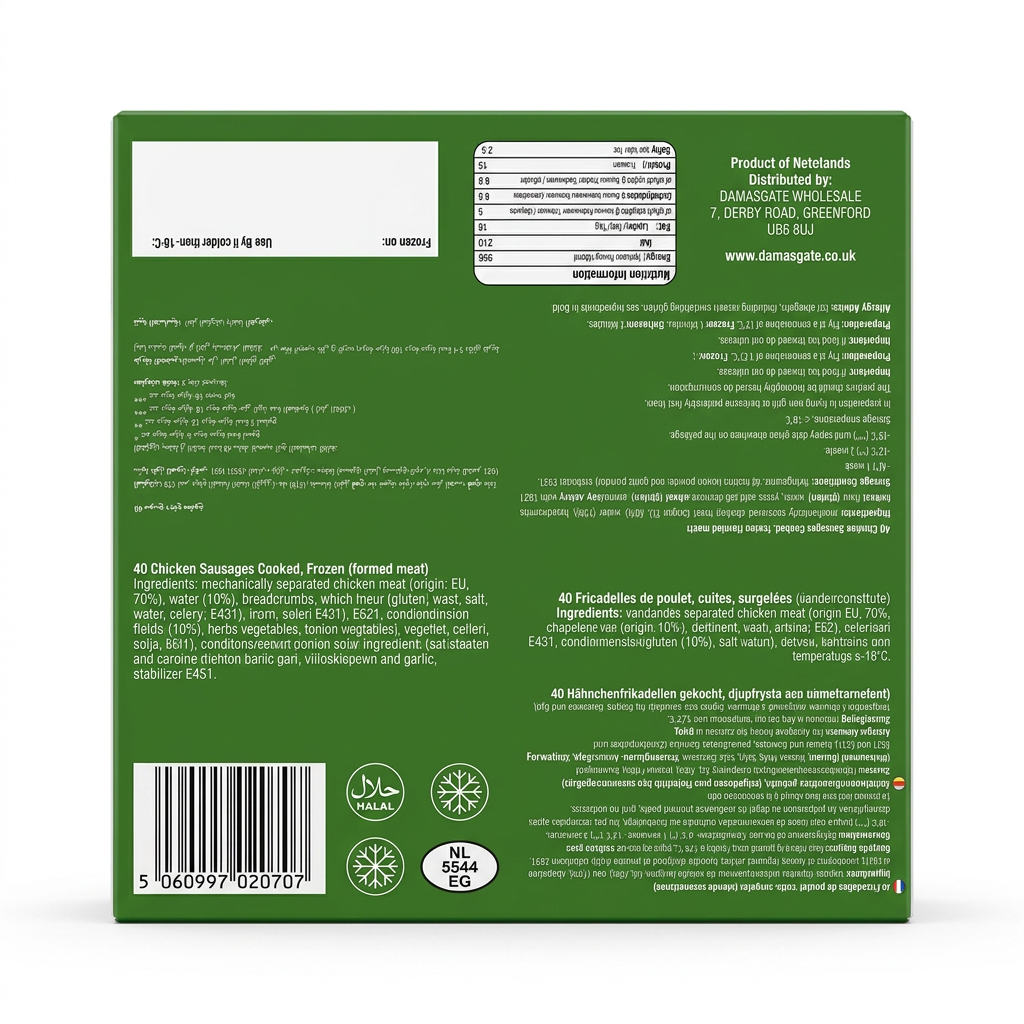Zaad Frozen Chicken Sausages by Zaad Frozen — back view showing ingredients and product details, studio product photo on white background