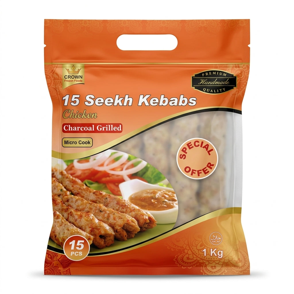 Crown Frozen Chicken Charcoal Seekh Kebab by Crown Frozen — front view showing product label and branding, studio product photo on white background