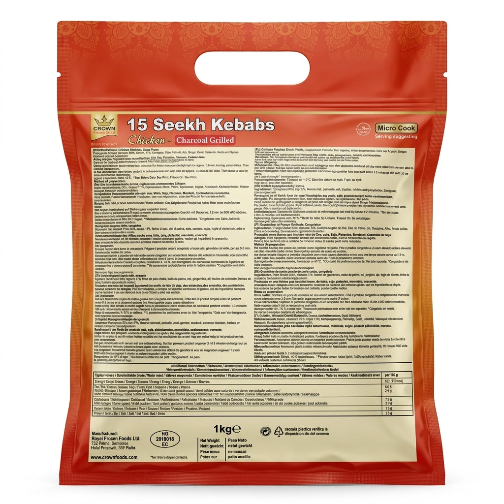 Crown Frozen Chicken Charcoal Seekh Kebab by Crown Frozen — back view showing ingredients and product details, studio product photo on white background