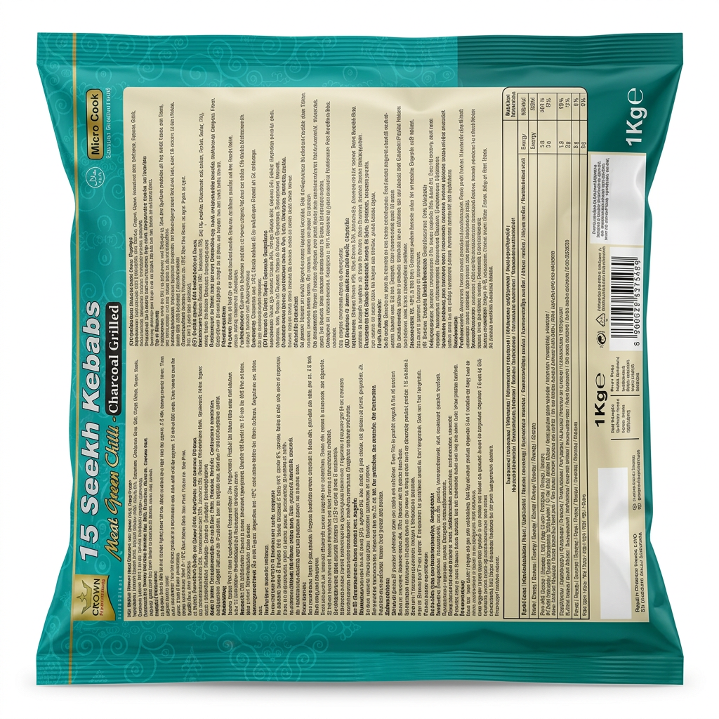 Crown Frozen Meat Green Chilli Seekh Kebab by Crown Frozen — back view showing ingredients and product details, studio product photo on white background