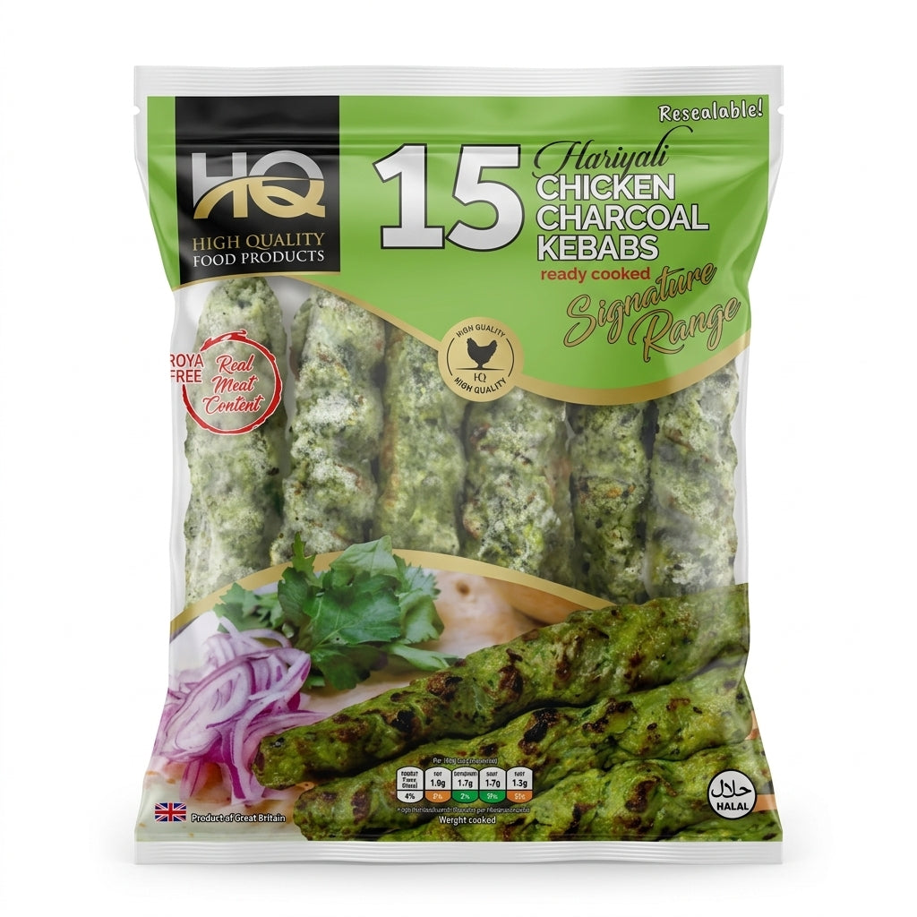 HQ Frozen Hariyali Chicken Charcoal Kebab by HQ Frozen — front view showing product label and branding, studio product photo on white background