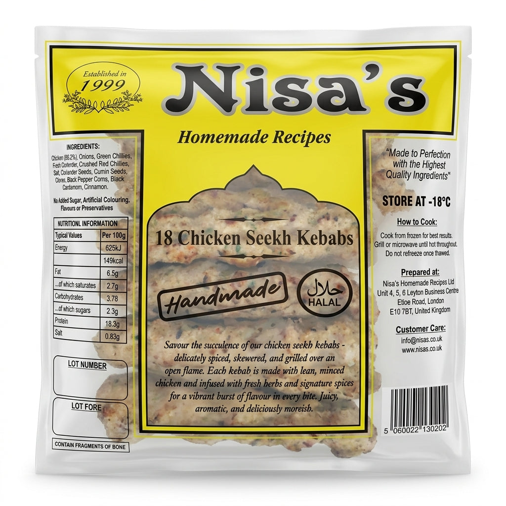 Nisa's Frozen Chicken Sheekh Kebabs by Nisa's Frozen — back view showing ingredients and product details, studio product photo on white background