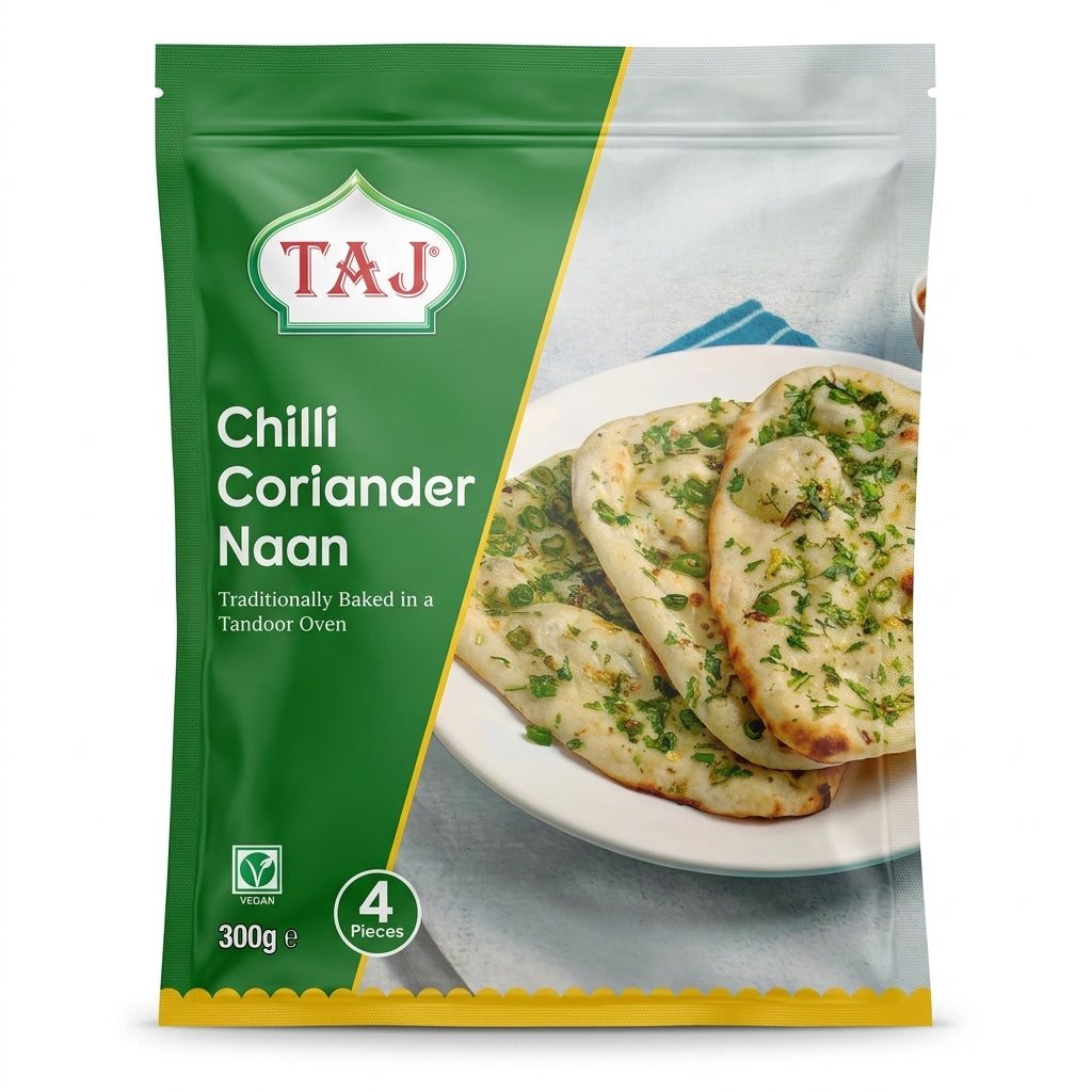 Taj Frozen Chilli And Coriander Naan by Taj Frozen — front view showing product label and branding, studio product photo on white background