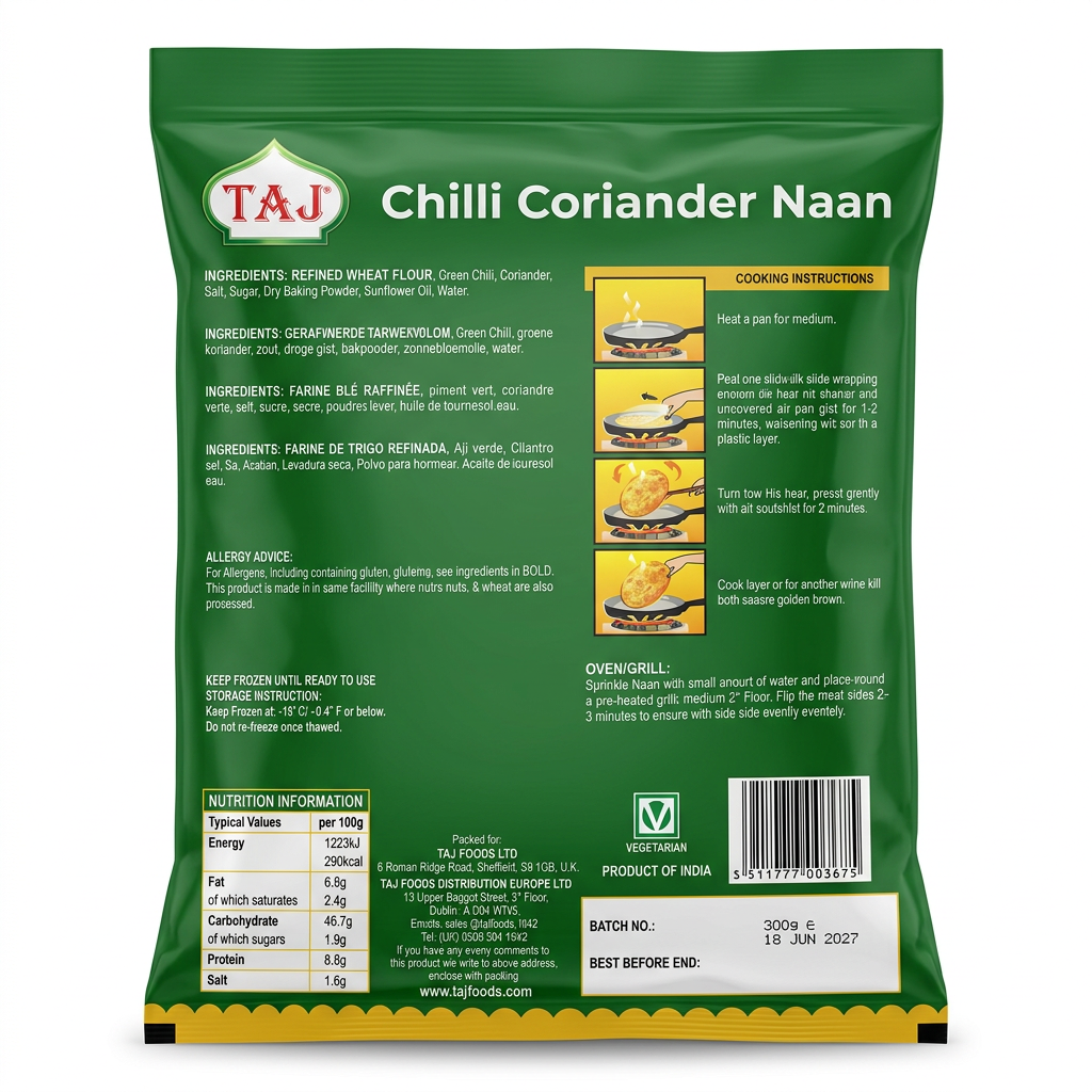 Taj Frozen Chilli And Coriander Naan by Taj Frozen — back view showing ingredients and product details, studio product photo on white background