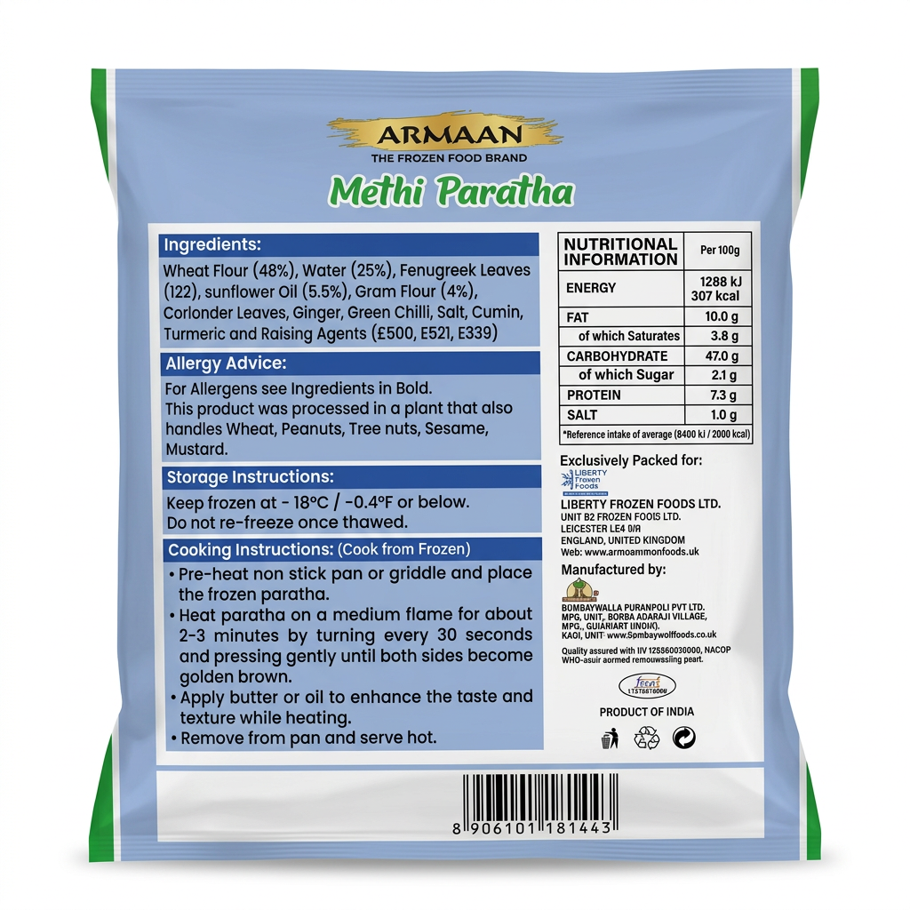 Armaan Frozen Methi Paratha by Armaan Frozen — back view showing ingredients and product details, studio product photo on white background