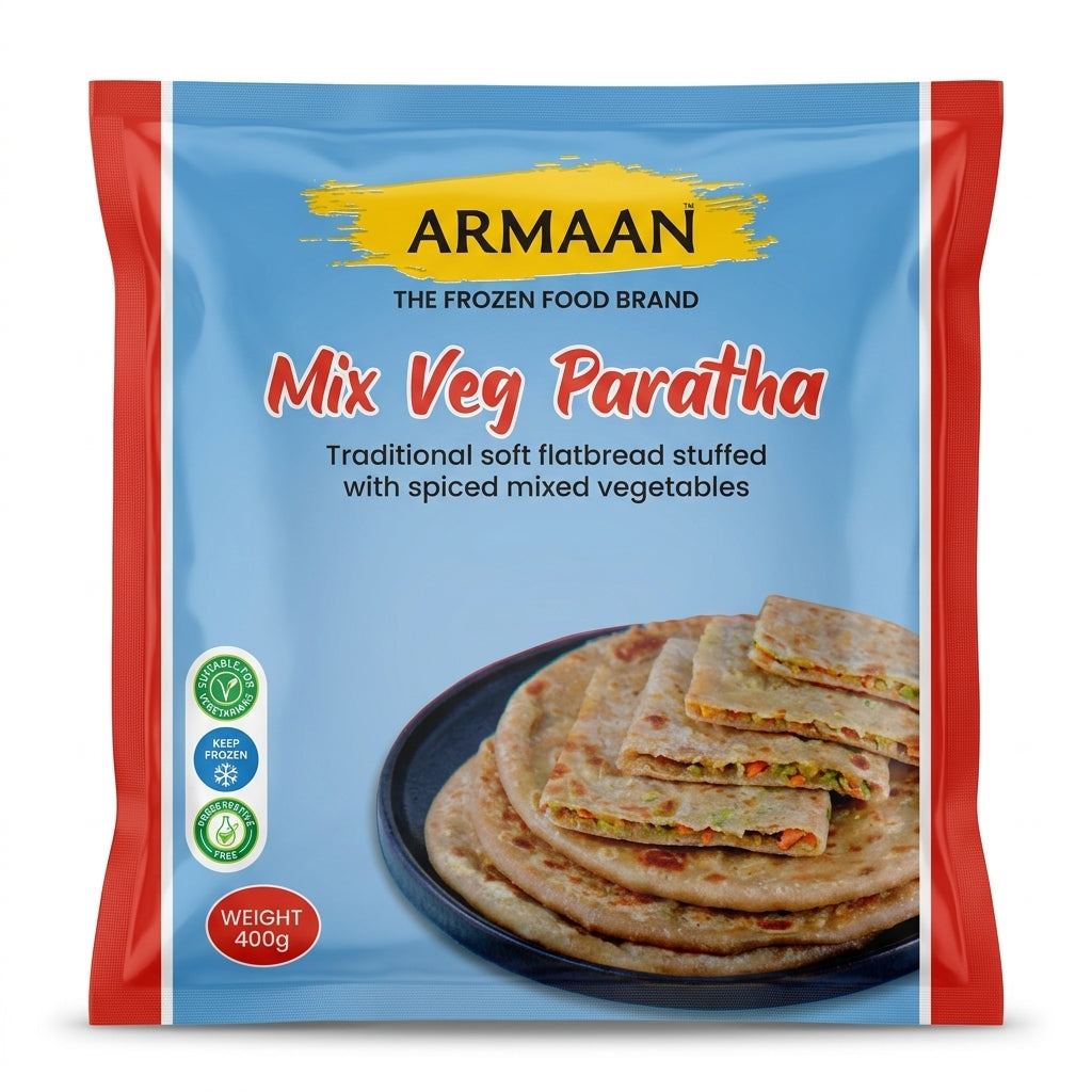 Armaan Frozen Mix Veg Paratha by Armaan Frozen — front view showing product label and branding, studio product photo on white background