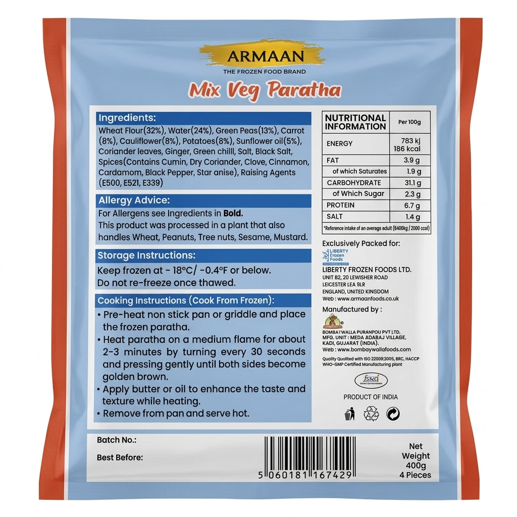Armaan Frozen Mix Veg Paratha by Armaan Frozen — back view showing ingredients and product details, studio product photo on white background
