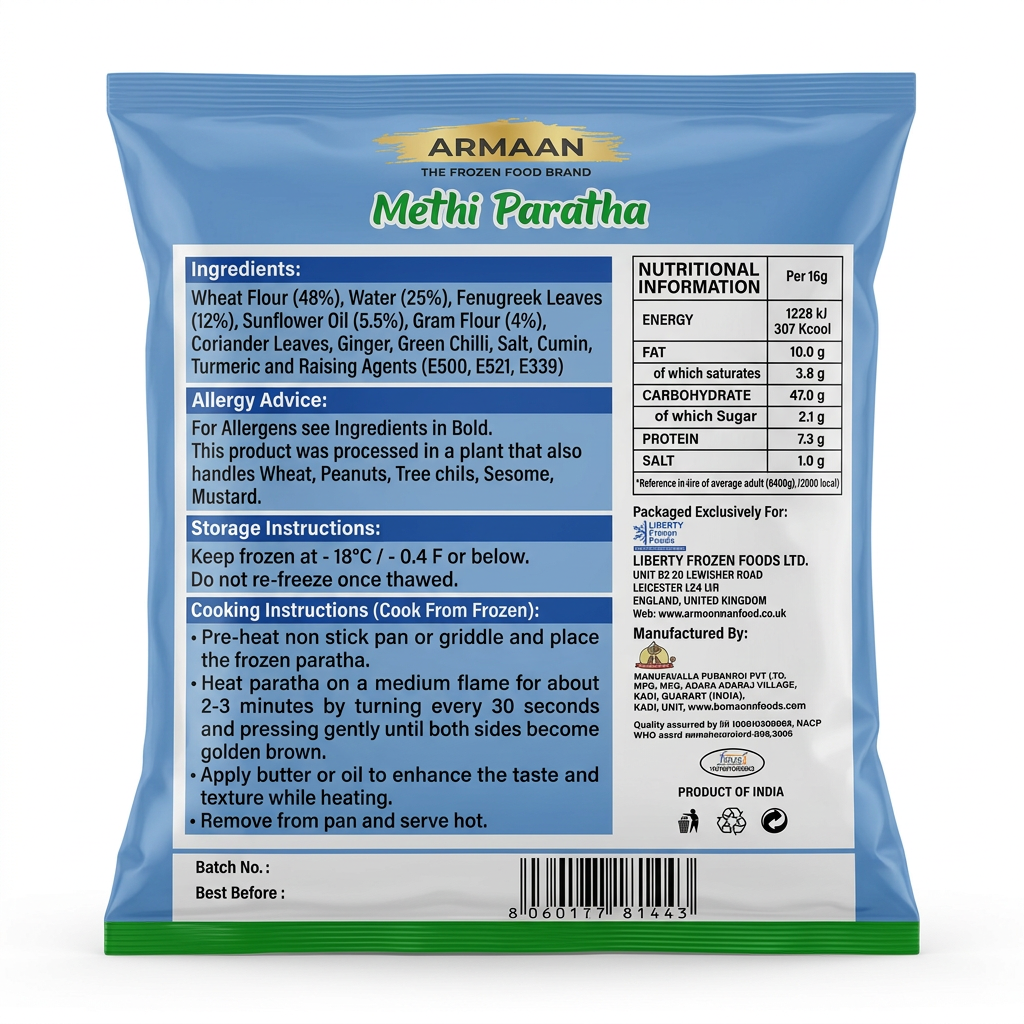 Armaan Frozen Methi Paratha by Armaan Frozen — back view showing ingredients and product details, studio product photo on white background